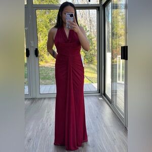 Azazie Burgundy Long Formal Halter Dress